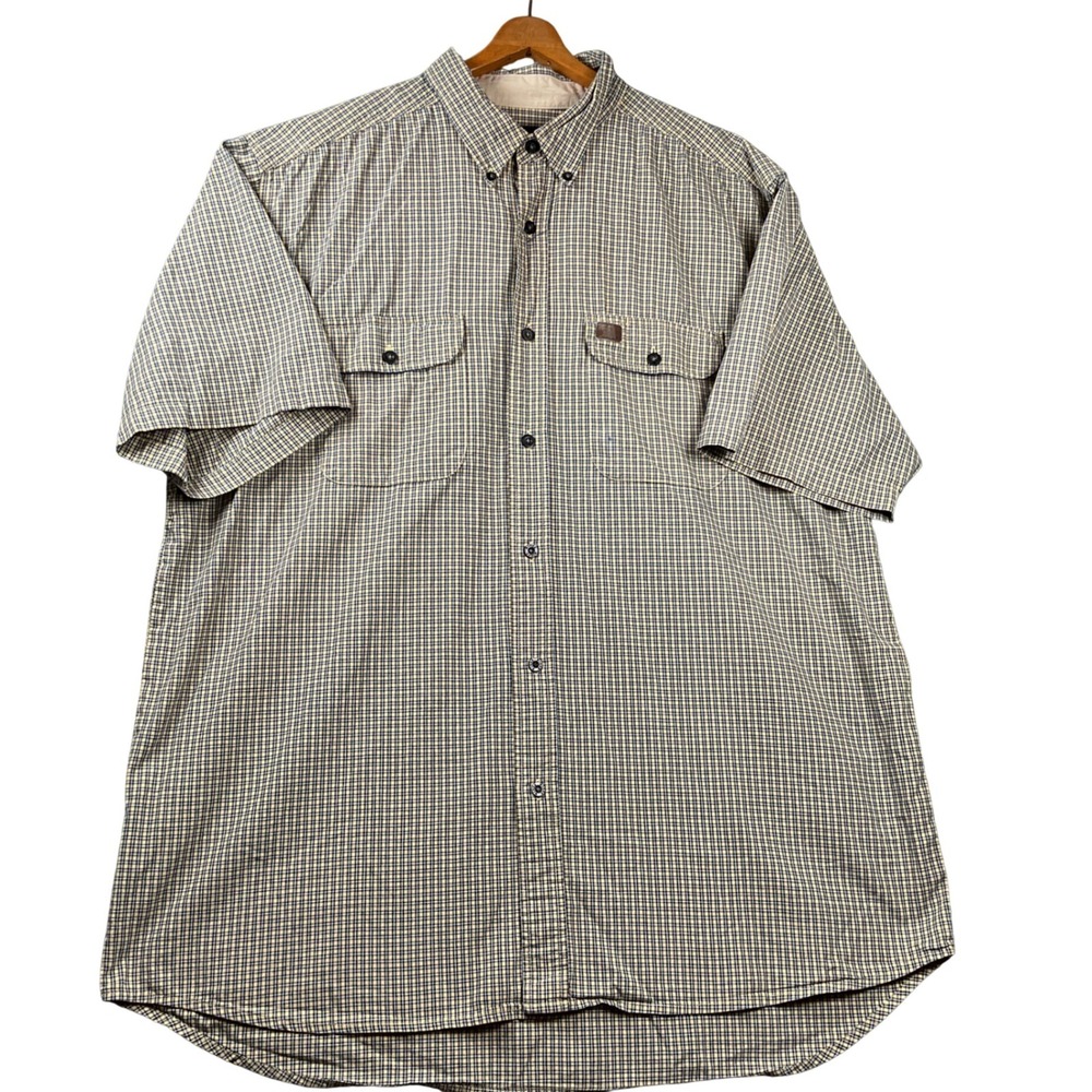 Wrangler Riggs Workwear Shirt Mens 2 XT yellow Blue Plaid Short Sleeve Button Up